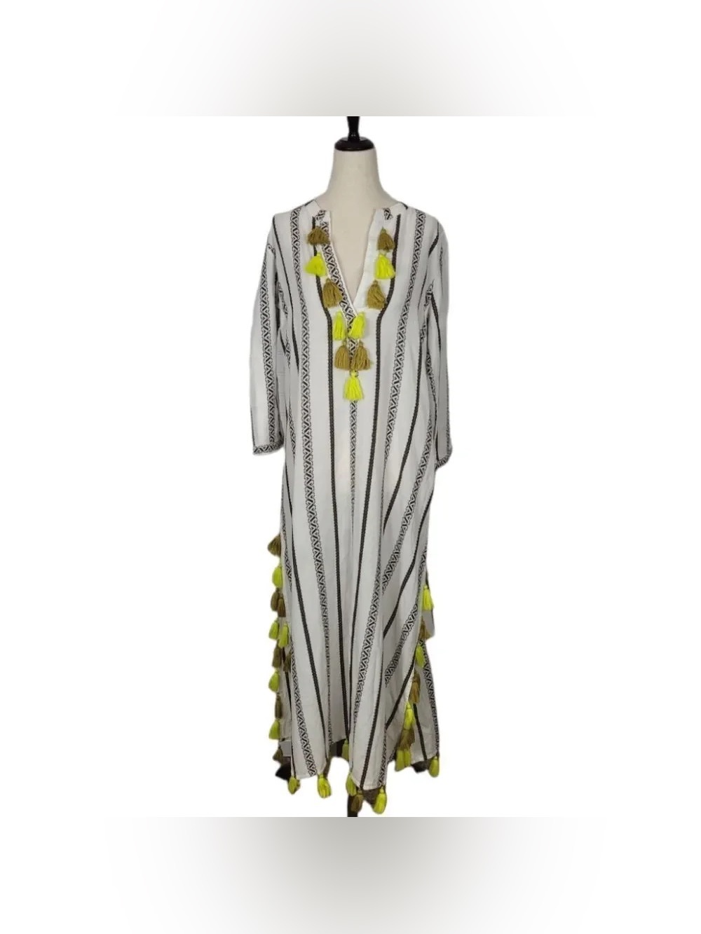 Boo Gemes Cotton Maxi Caftan Dress Size M Boho Striped Neon Tassel Resort EUC